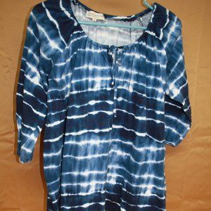 Jones NY Sport Woman Navy & White Tie Dye Peasant Shirt Cotton 1X